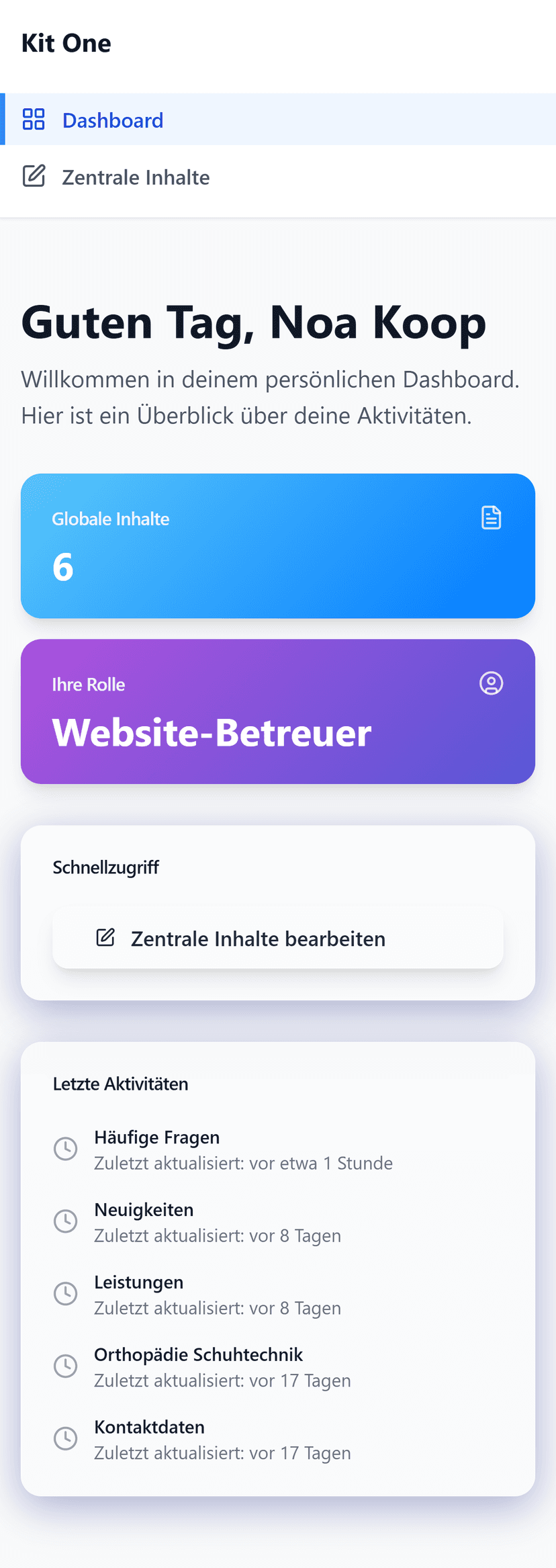 Kit One Dashboard auf dem Smartphone