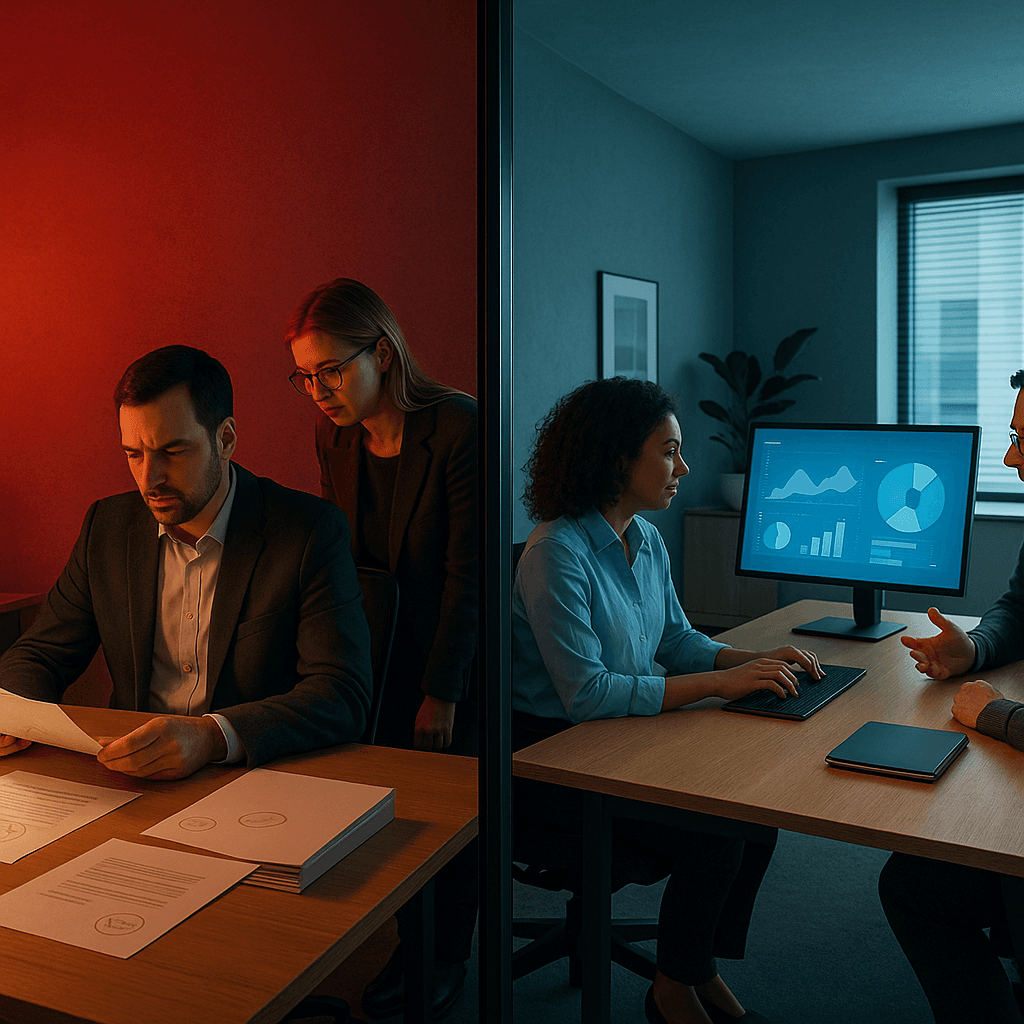 Symbolisches Titelbild zu KI im Unternehmen mit Balance zwischen Risiko und Chance