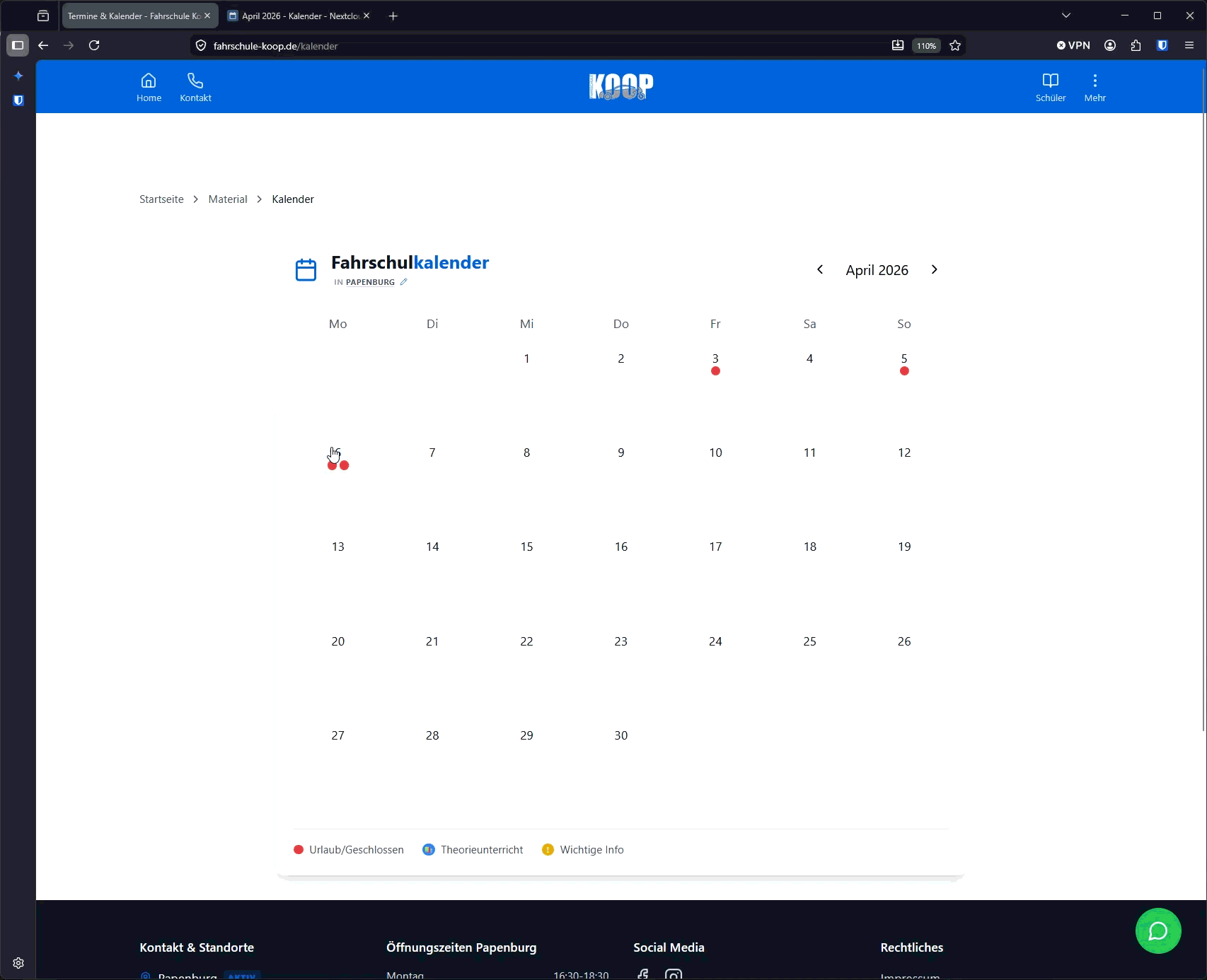 Kalender-Oberfläche Fahrschule Koop